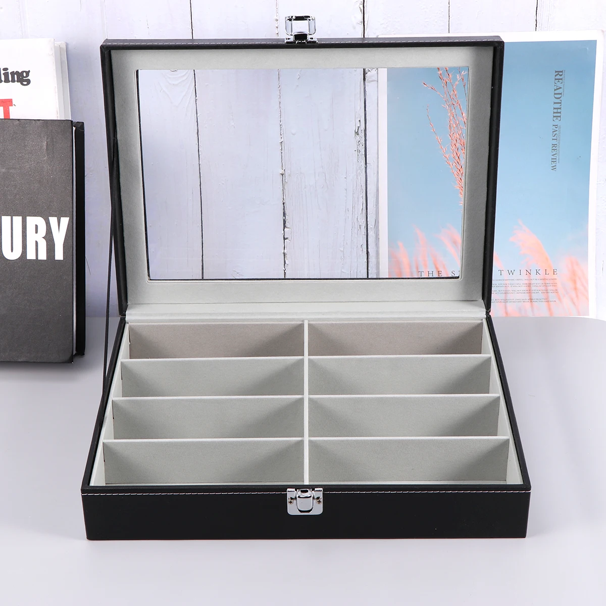 

Sunglasses Storage Case Display Holder Organizer Tray With 8 Grids Built-In Mirror Gray Inner Cloth Lining High Quality
