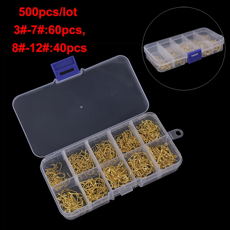 

500pcs/set #3~#12 Fishing Hooks Carbon Steel Golden Fishhooks With Retail Box