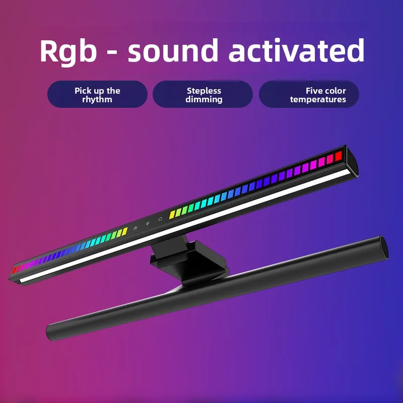 USB Dual Head Screen Hanging Light Bar, Eye-Care Lamp,USB RGB Music Pickup Light, Sound Control Gaming Ambient Light for PC
