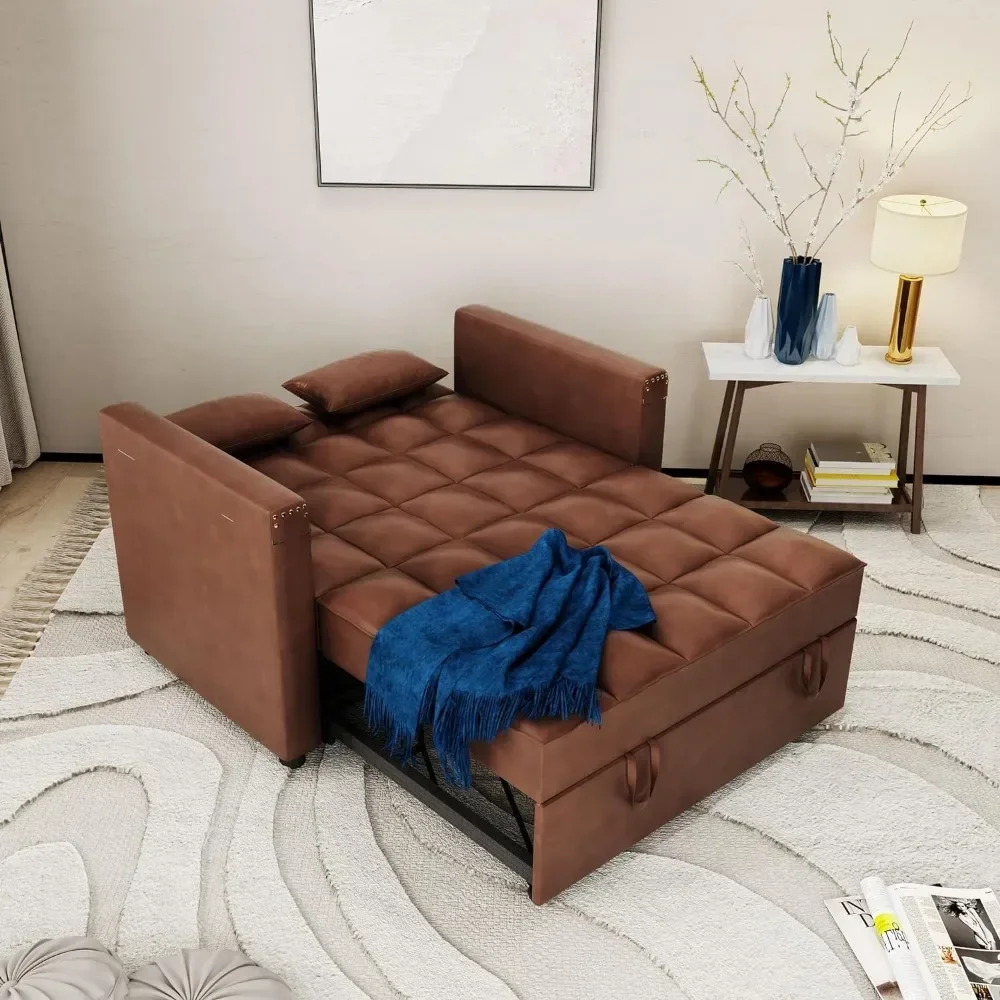 Convertible Sofa Bed, Velvet Sleeper Couch Pull-Out Bed, 48'' Loveseat Chaise Lounge with Adjustable Backrest and Pillows