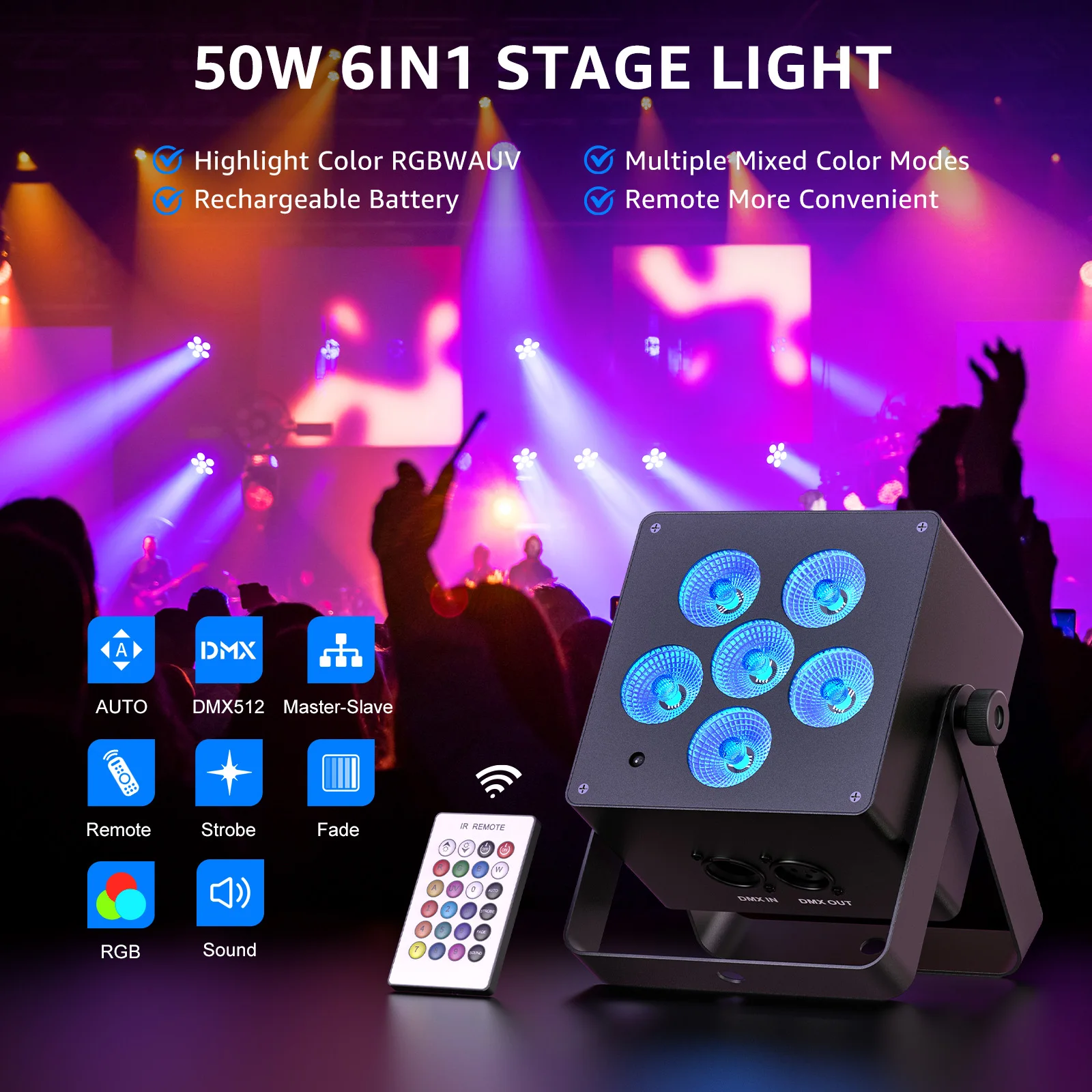 U'King 4PCS 50W LED Highlight Par Light 6x6W 6 in 1 RGBWAUV Stage Light DMX512 Remote Control DJ Disco Party Stage Effect Lamp