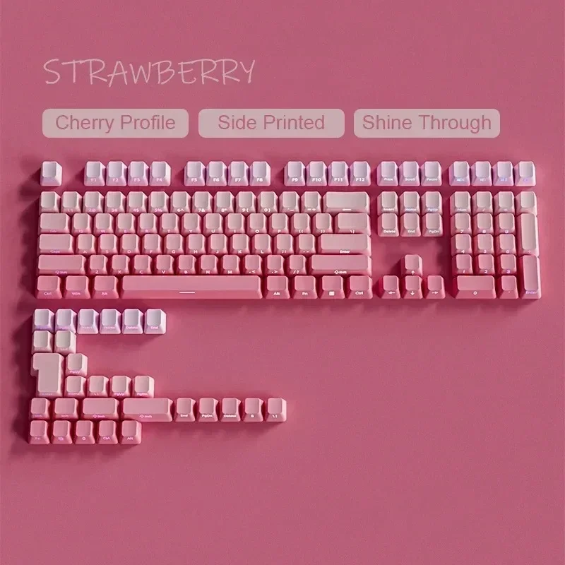 Dale un Toque Dulce a tu Configuración: Teclas PBT de Doble Inyección de 133 Teclas en Rosa Fresa, Perfil Cherry con Impresión Lateral y Retroiluminación para MX S