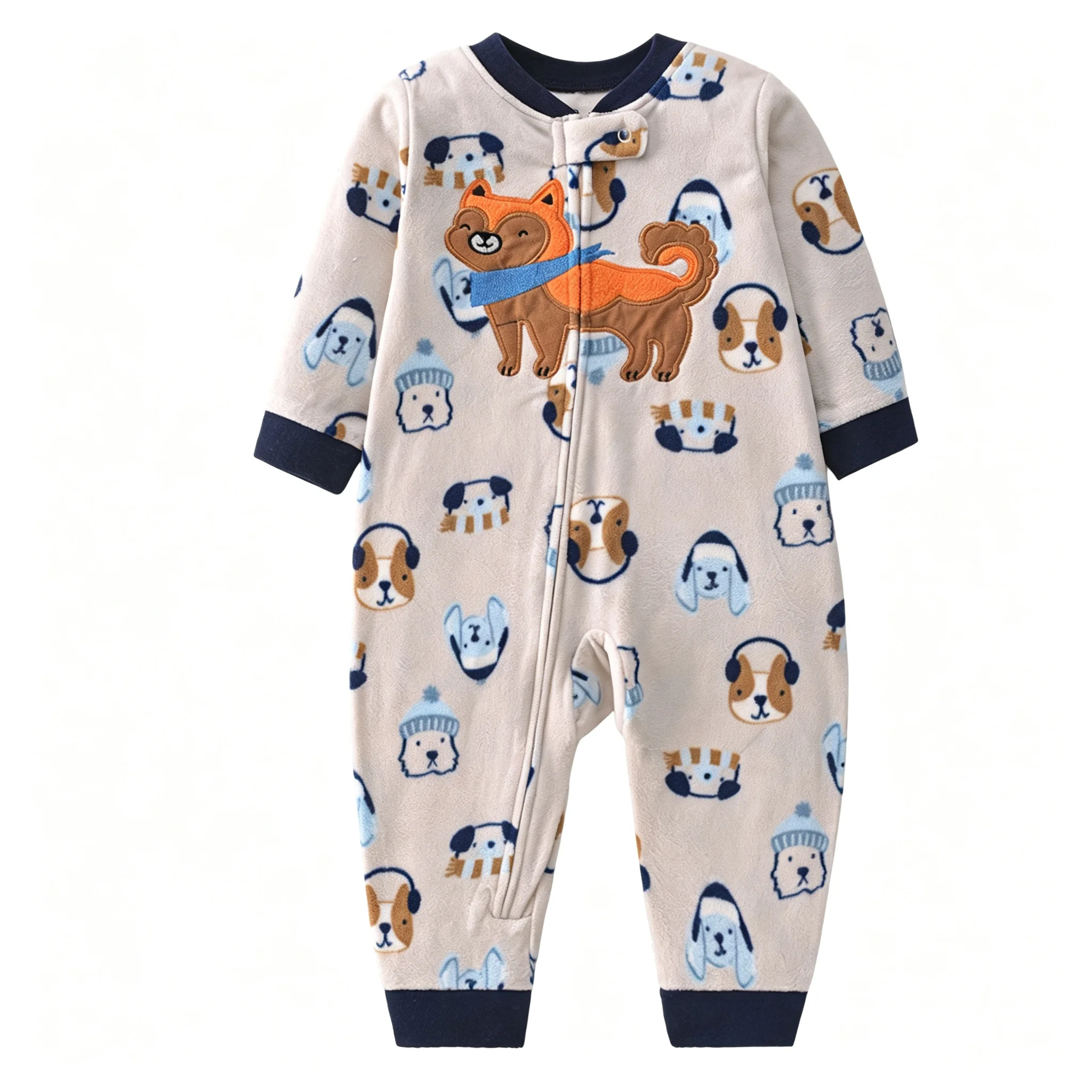 Baby Fleece Footless Romper, Cartoon Dog Pattern Long Sleeve One Piece Jumpsuit, Infant Warm Polar Fleece Bodysuit for 6-24M