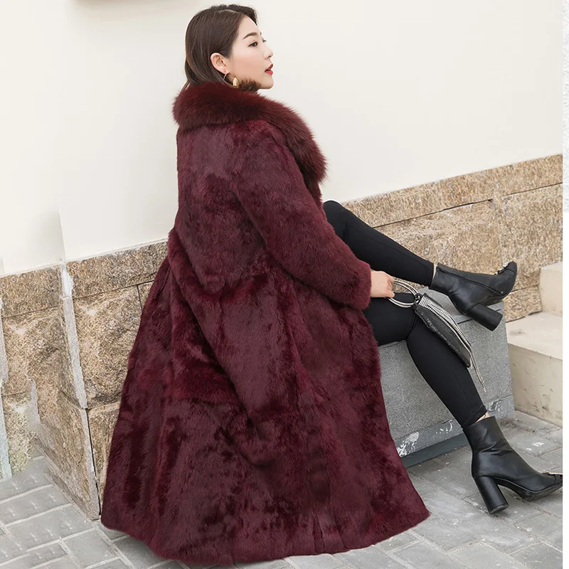 2024 New Long Real Rabbit Fur Coat With Fox Fur collar Winter Warm Thick Genuine Fur Jacket Long Sleeve Outwear