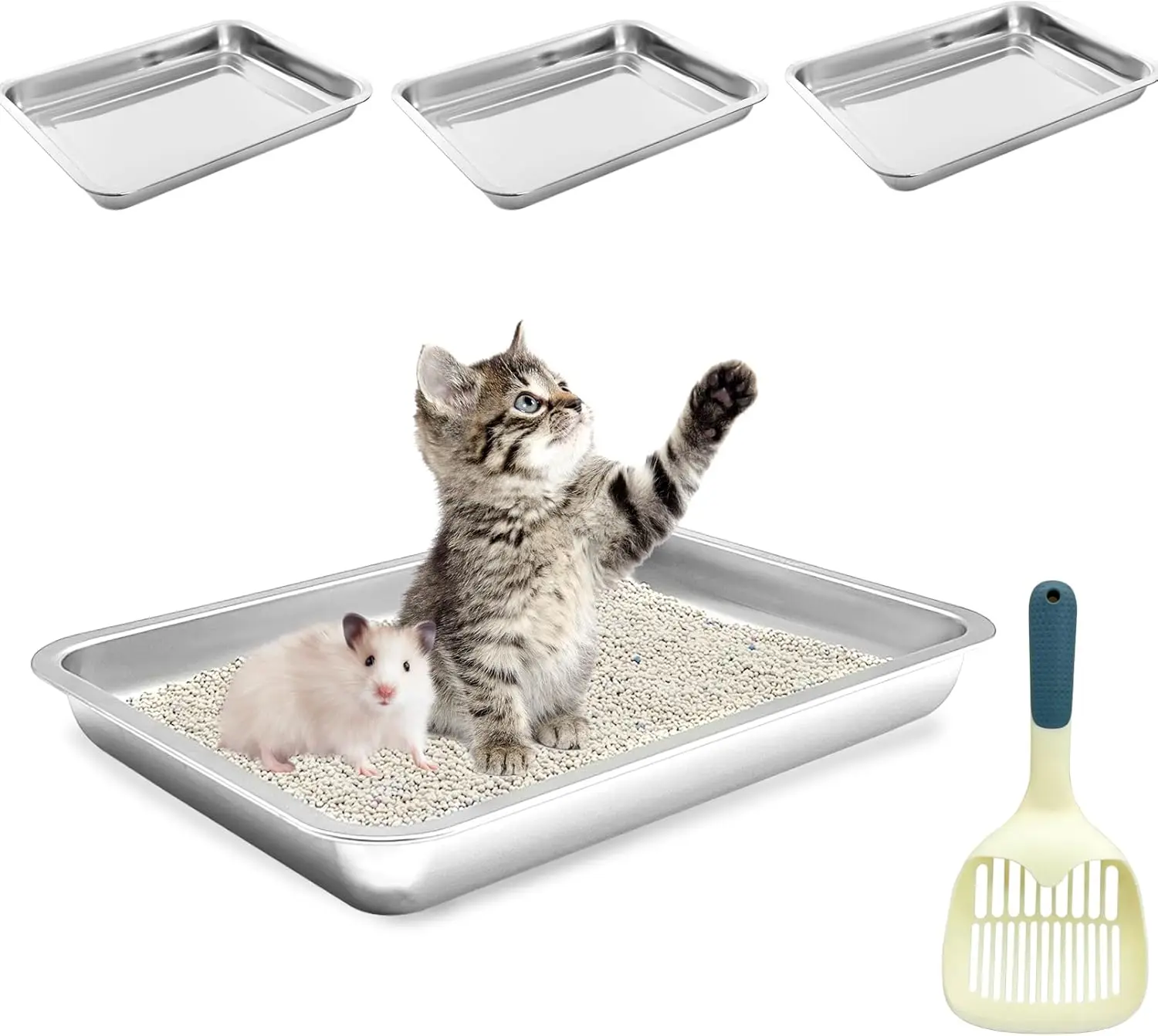 

4 Pcs Stainless Steel Litter Pan Low Entry Cat Litter Box Shallow Metal Litter Tray, Nonstick Open Top Cat Box for Kitten