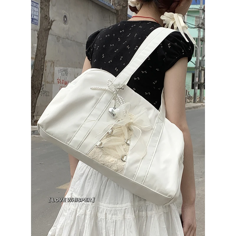 Large-capacity Underarm Bags Female 2024 New Ballet Fashion Portable Fitness Bag Lace-up Design Nylon Commuter Tote Bags Women