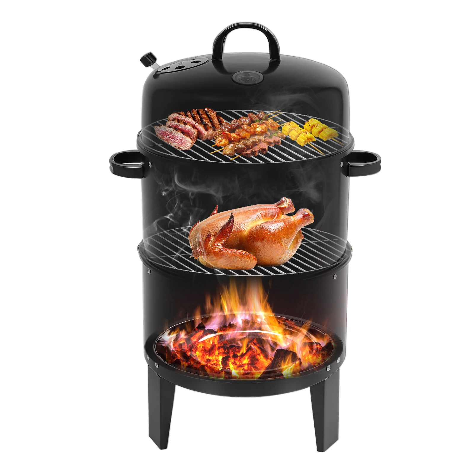 Barbecue fumoir 3-en-1, 40 cm, grille en fer détachable à 2 niveaux, procédé d'électrophorèse, amortisseur réglable, thermomètre intégré, pour barbecue en plein air, camping, pique-nique (Noir)
