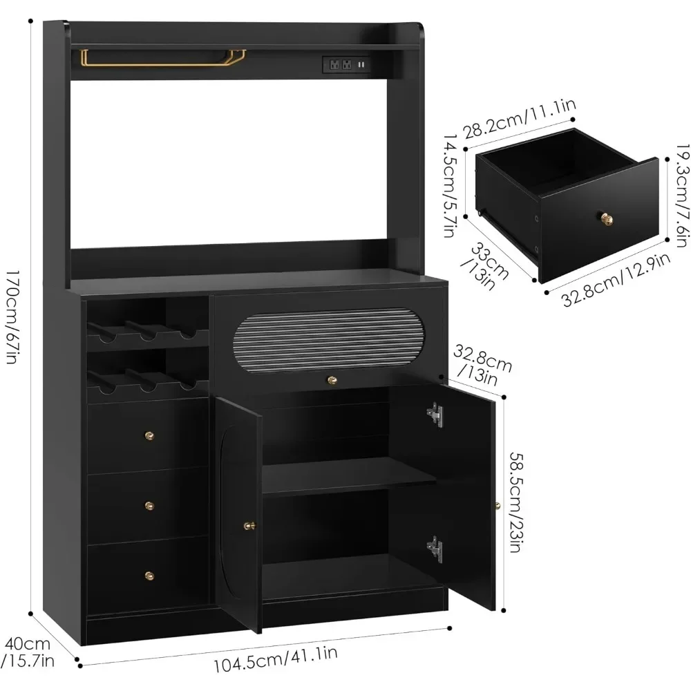 Coffee Bar Cabinet with Power Outlets, Microwave Stand, Wine Racks, Kitchen Cupboard, Kitchen Pantry Storage Cabinet with Hutch