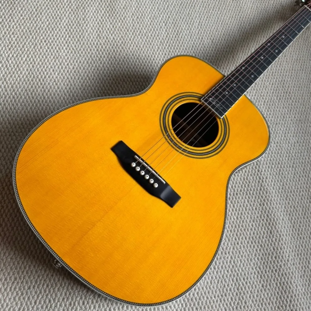 Hot Deal Yellow Glossy 00028EC Acoustic Guitar Rosewood Fretboard Solid Spruce Wood Bone Nut