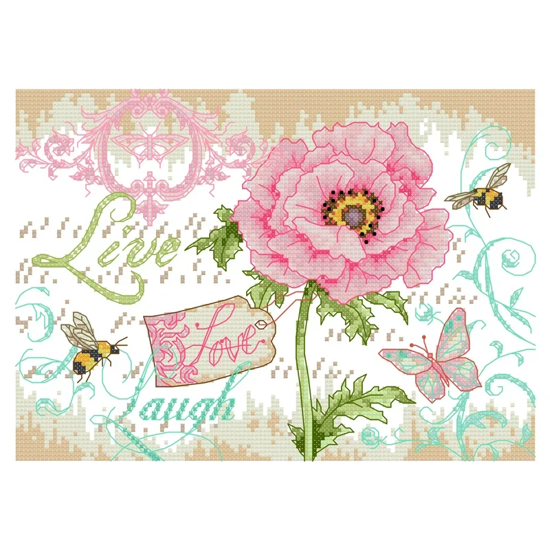 Joy Sunday Cross Stitch Bee Butterfly and Peony 14CT Print Fabric Stamped Cross Stitch Craft Kit Embroidery Needlework Sets