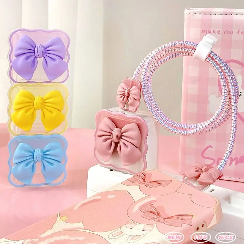 Gradual Clear Charging Cable Protector Case Cute Bow Knot Charging Safe Plug USB Protector Cover For iPhone 18/20W