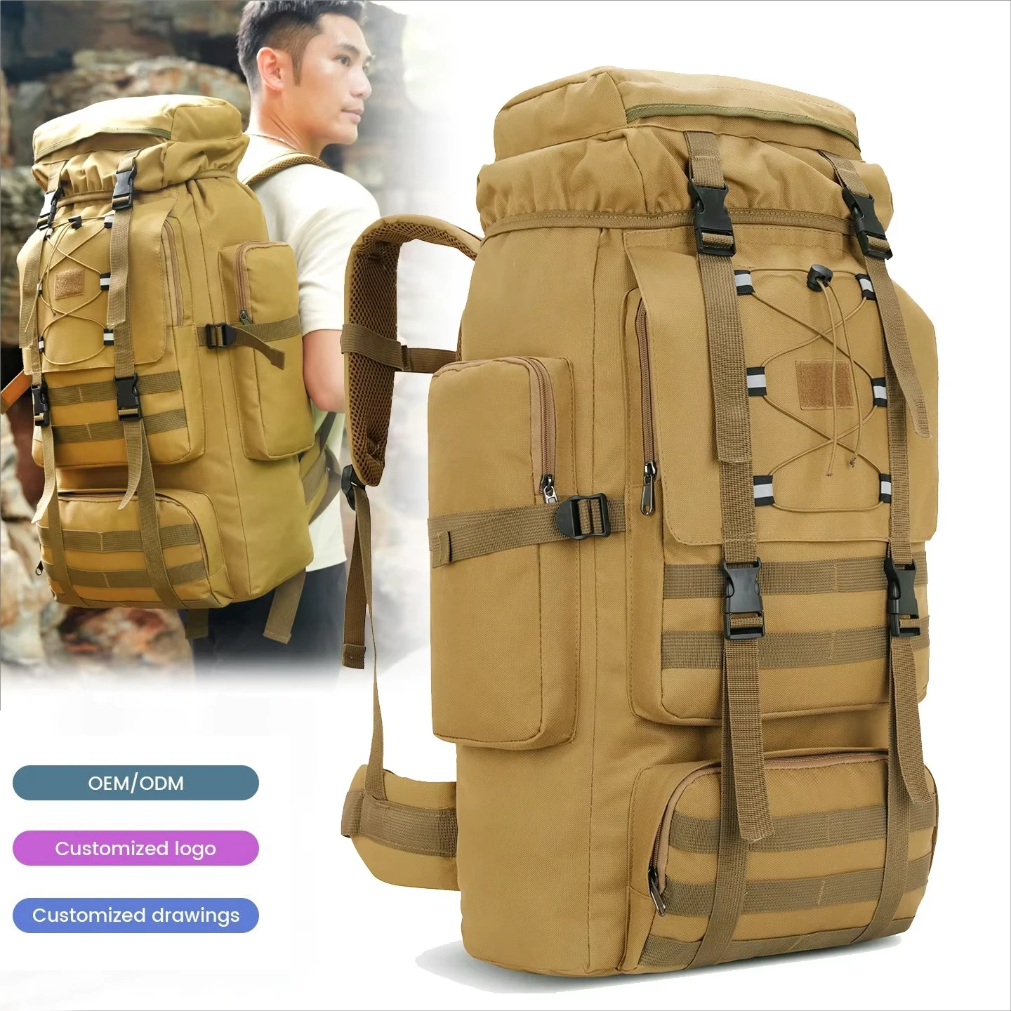 

60L Large Capacity Outdoor Camouflage Durable Antibacterial Backpack for Men Women Camping Reflective Stripe Luggage Backpack