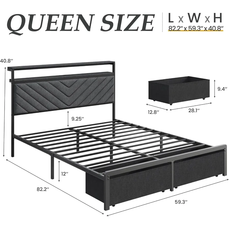 Queen Bed Frame with 2 Drawers Upholstered Headboard with Storage and Charging Station LED Lights Fabric Drawers with Wheels Un - Image 2