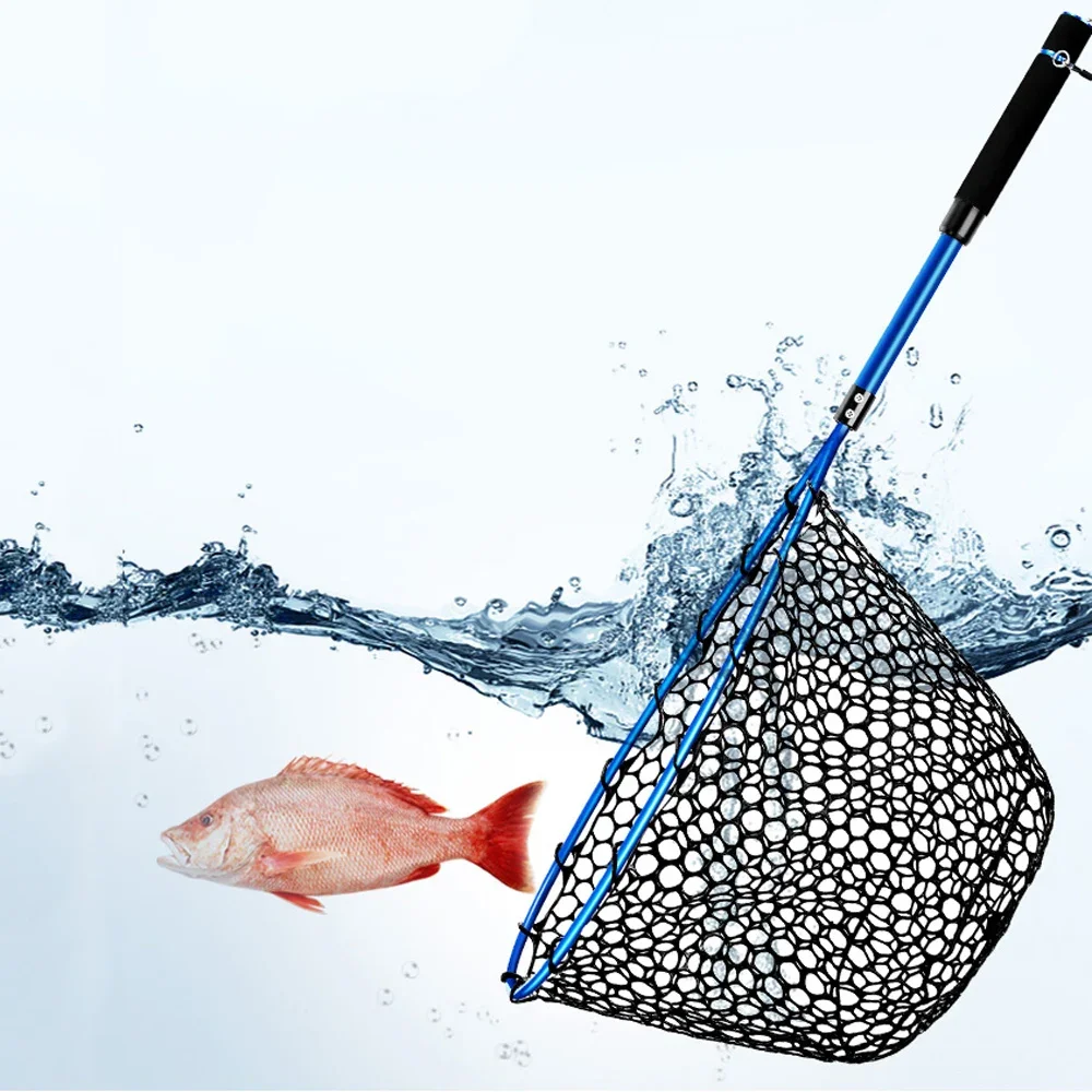 Faltbarer Angelkescher mit langem Griff für Barsch, Crappie-Boot, Salzwasser, Süßwasser, schnell trocknendes Gummigeflecht für große Fische – Detail 3