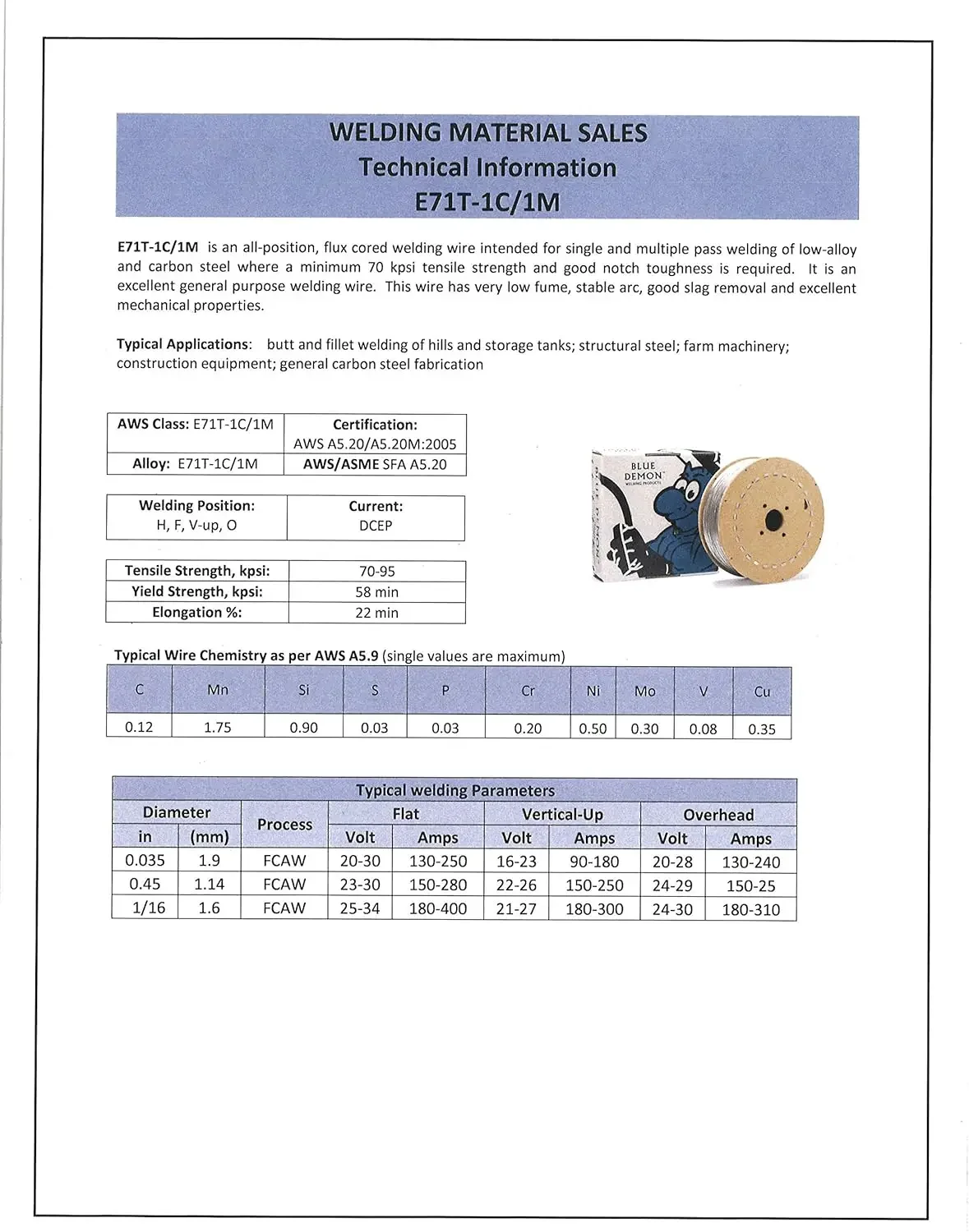 Demon E71T-1/1M X .035 X 33LB Spool Dual Shield Gas Shielded Flux Core Welding Wire, General Purpose, All Position, Low Fum