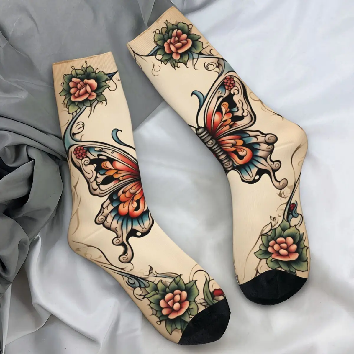 

Винтажные традиционные стильные чулки с татуировкой бабочки, носки для взрослых и мужчин, дышащие носки, осенние уличные нескользящие носки с узором