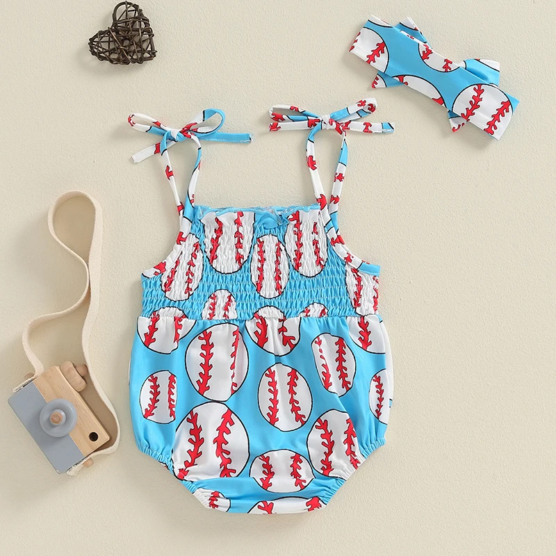 Baby Girl Sleeveless Romper Strawberry Baseball Print Tie Traps Summer Jumpsuit and Headband Set Fashion Clothes