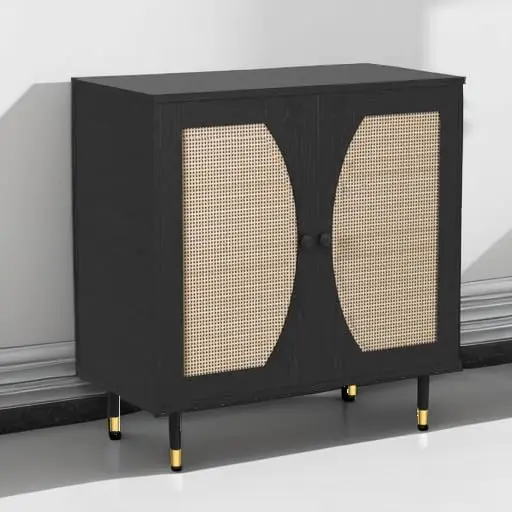 Black Buffet Sideboard Cabinet, Rattan Sideboard with Natural Rattan Doors, Black Rattan Console Table with Storage