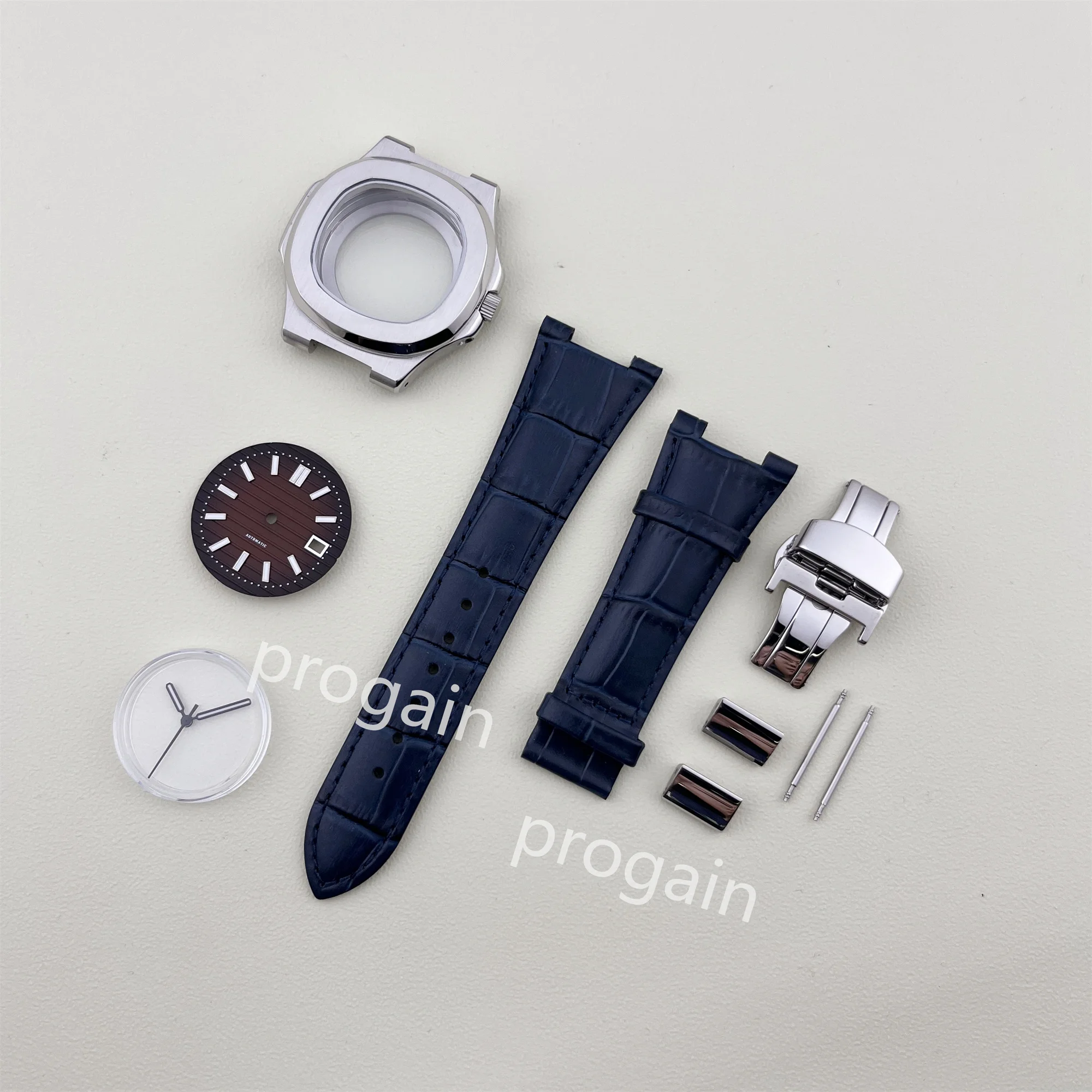 

NH35 Case Dial Sapphire Glass Stainless Steel Case 10ATM Waterproof Watchcase for Nautilus NH35 Movement Genuine Leather Strap