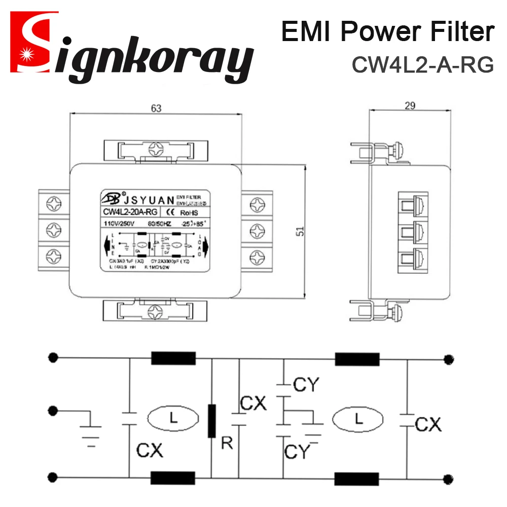 SignkoRay-filtro de potencia EMI, purificación de interferencias monofásica, CW4L2-A-RG, CA 220V