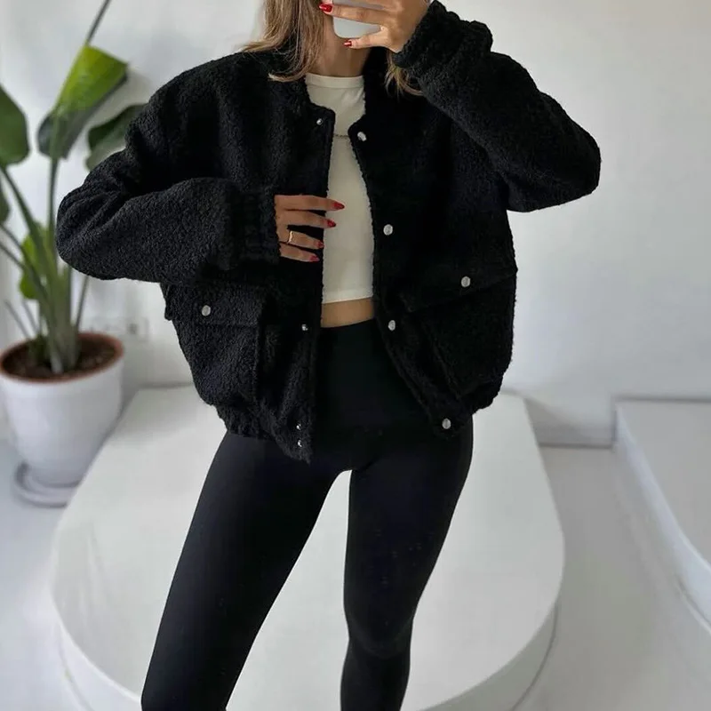 2025 Women's Autumn and Winter Popular Cardigan Casual Lapel Long Sleeved Imitation Lamb Wool Jacket for Women