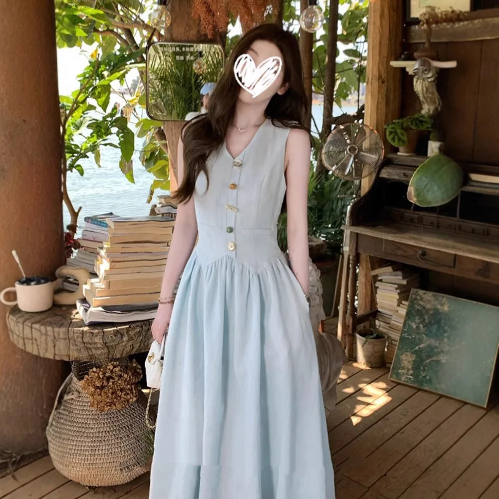 

Women Dresses Solid Dress A Line Button V Neck Sleeveless Ankle Length Empire Waist Slight Strech Loose Fit Casual 2026 Summer