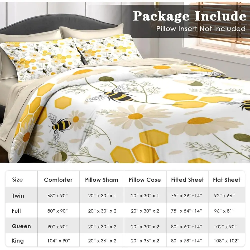 Queen Size Bee & Flower 7-Piece Comforter Set: Spring Floral Bedding for Kids & Adults with Sheets & Pillowcases