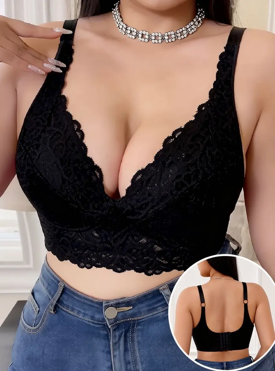 Plus Size Women Sexy Black Lace Deep V Wireless Push Up Longline Bralette Comfortable Home Wear