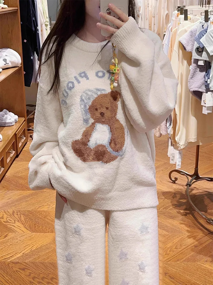 

Japanese Style Sweet Cute Pink Cartoon Bear Half Pajamas 2025 New Winter Thickened Coral Fleece Warm Homewear