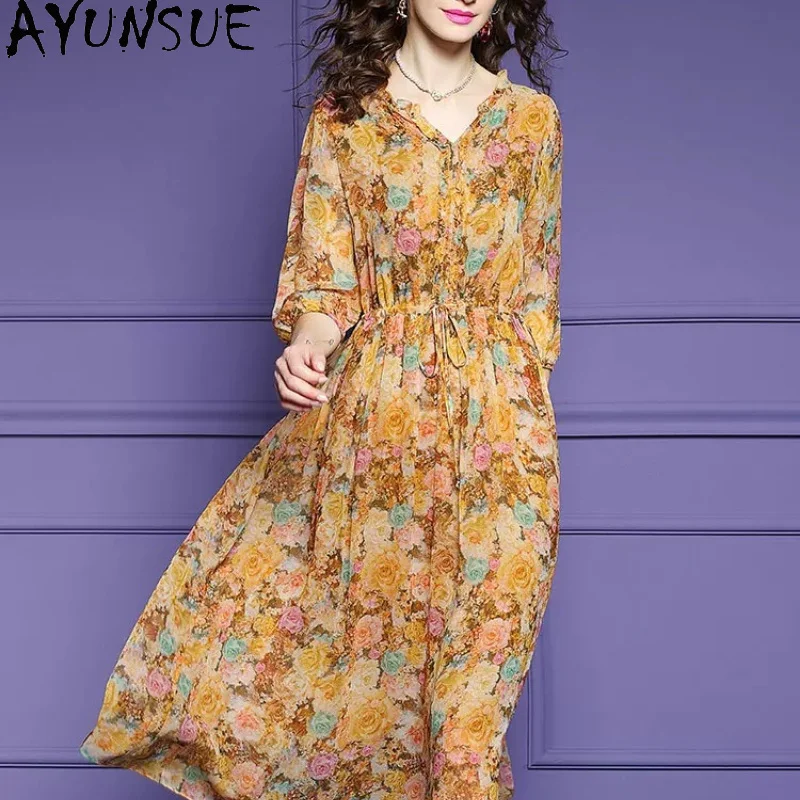 AYUNSUE 100% Natural Silk Party Dress Elegant Dresses for Women Clothes Waist Floral Beach Summer Dress Fashion Vestidos Mujer