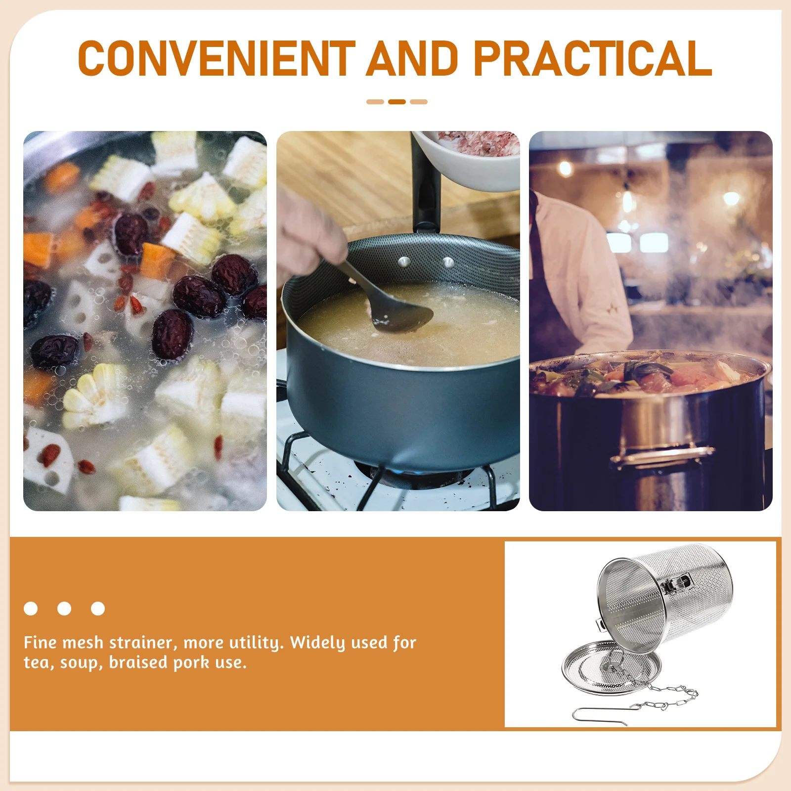 

Stainless Steel Soup Basket Spice Strainer Filter Holder for Cooking Tea Braised Pork Long Chain Easy Clean Detachable Fine Mesh