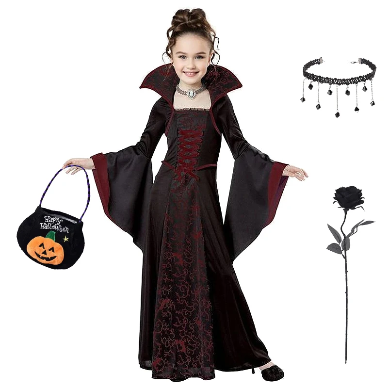 Halloween Witch Vampire Cosplay Costume for Kids Carnival Party Clothes Girls' Gothic Maxi Dresses Halloween Dress Up Dress