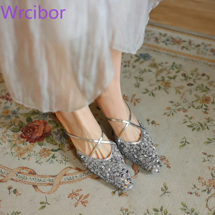 

Women's Slippers Are Worn Outside, with Cross Belt Thin Heel, Sequin Cloth Made of Sandals, French Style Small Fragrant Style