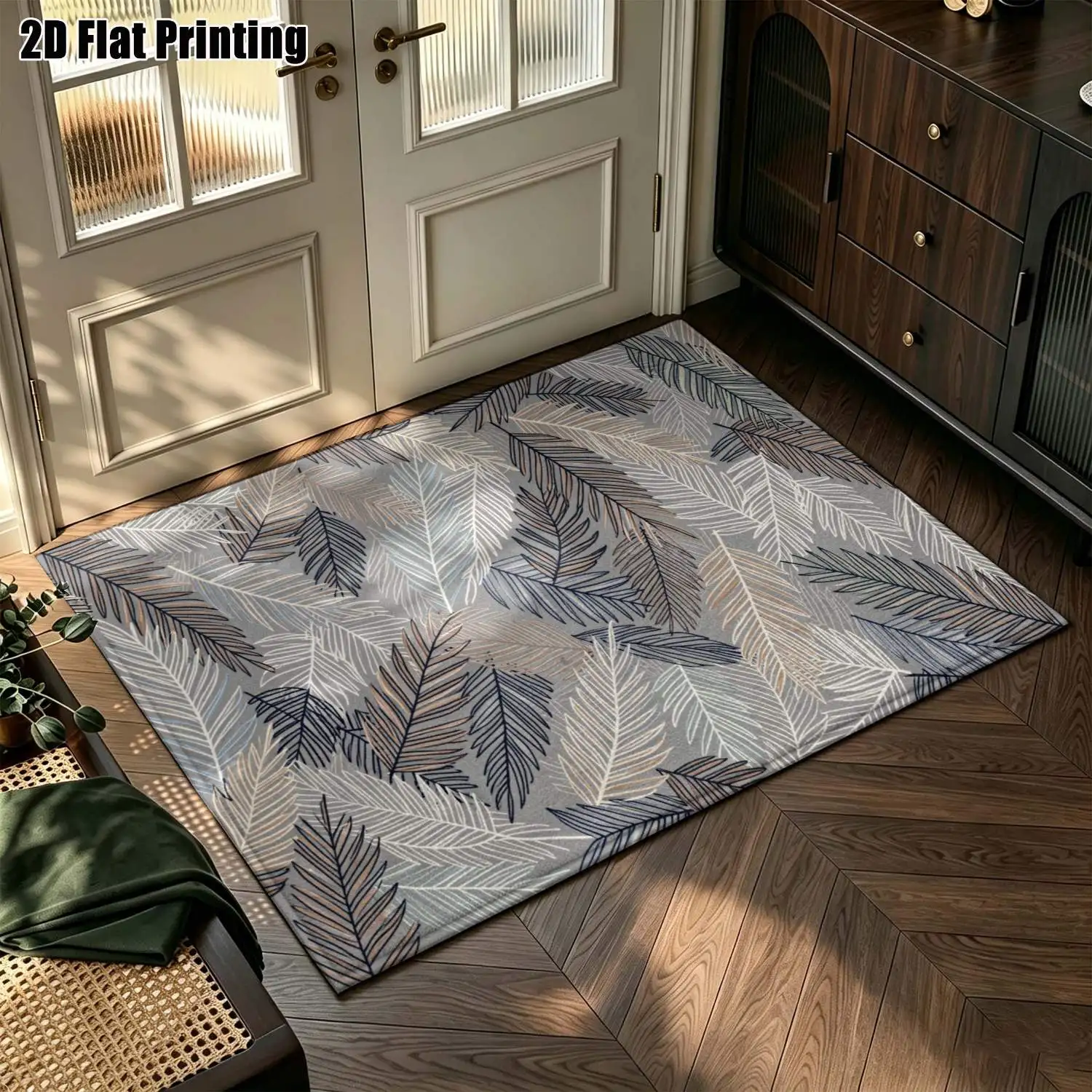 1Pc 2D Printed Carpet: Blue-Grey-Brown Leaf Patterns, Nordic/Instagram Style, Modern Minimalist, Home Decor, Multiple Sizes, Machine Washable, Suitable for Entrance, Living Room, Bedroom, Dining Room, Foyer
