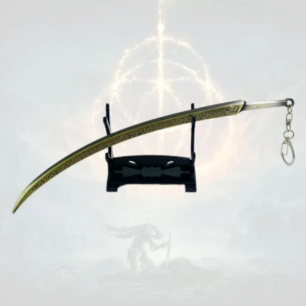 22cm 9inch Elden Dark Curved Sword Keychain Bronze  Detailed Sculpt High Density Metal Key Ring Epic Fantasy Game Gift