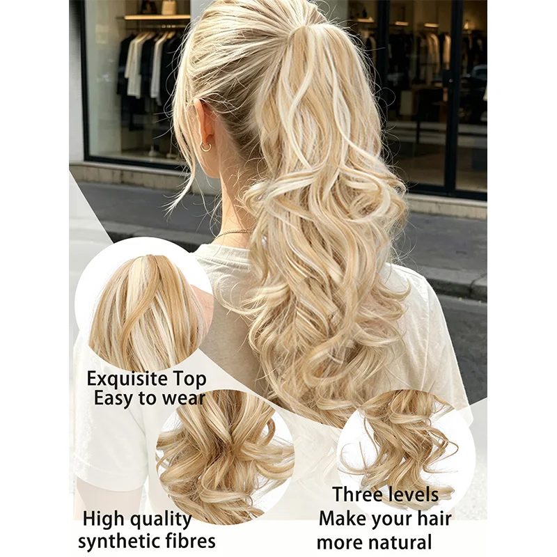 Extensión de cola de caballo sintética de 16 pulgadas, con capas, rizada, con mechas de color, pinza de cocodrilo, elegante, para uso diario 5