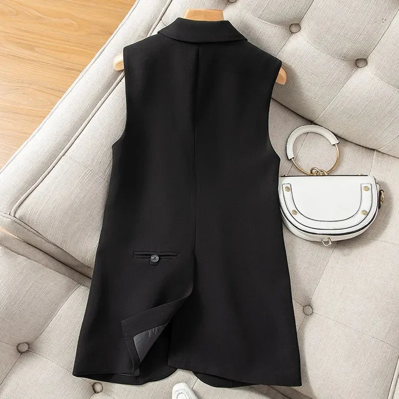 2024 Sleeveless Blazer Vest Women Elegant Office Lady Black Casual Long Vest Female Ladies Waistcoat Women Vest