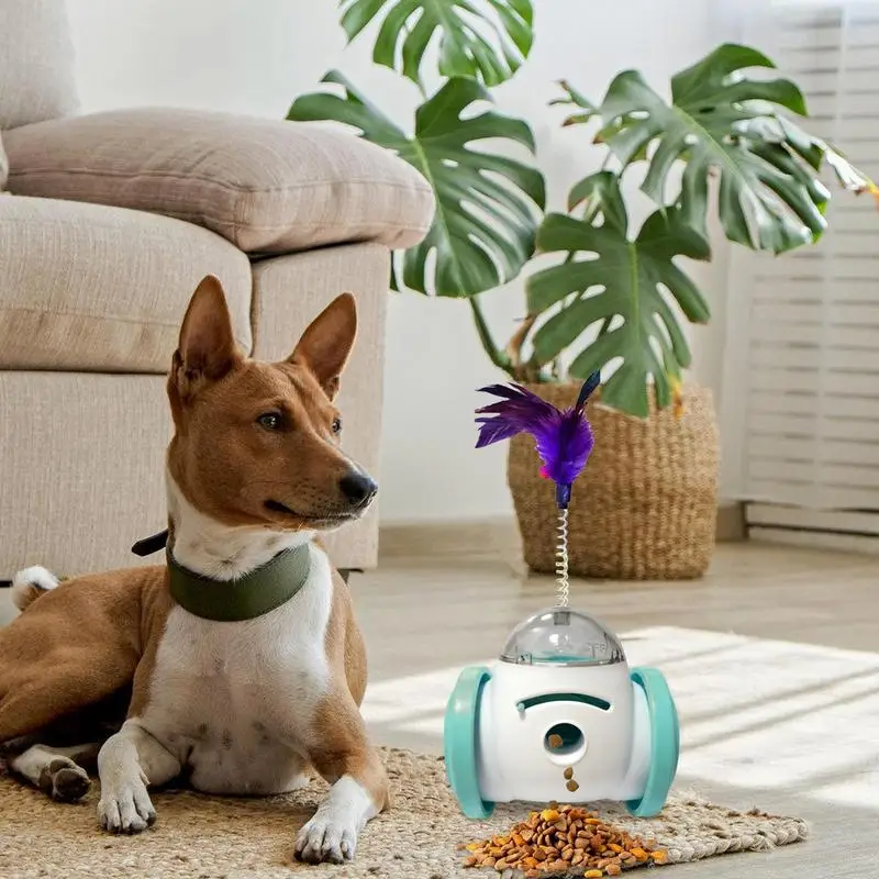 Bola dispensadora de comida para mascotas, juguete interactivo con pluma, dispensador de golosinas para perros y gatos