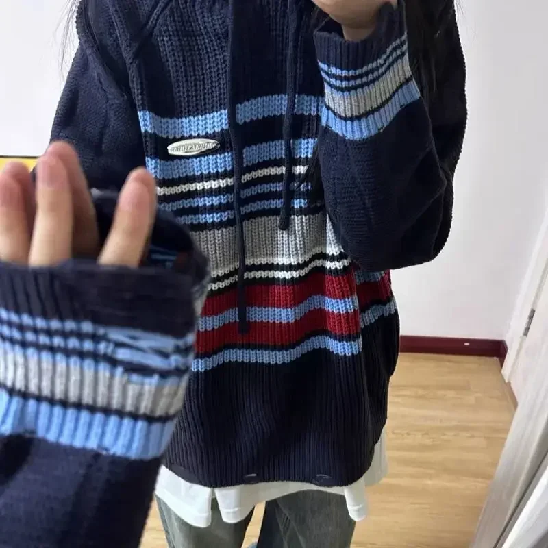 อเมริกันVINTAGE Contrastสีลายเสื้อกันหนาวผู้หญิงคู่หลวมHoodedขี้เกียจY2k Pullovers Sueter MujerถักHarajuku