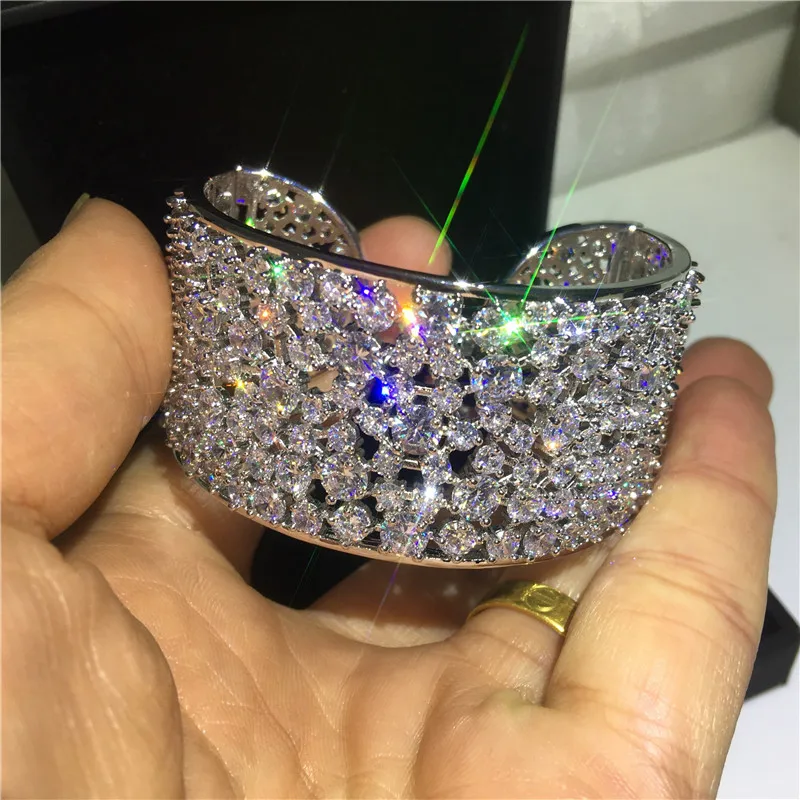 Luxury Hollow Bangle Cuff White Gold Lab Diamond  Bracelets Bangles for Women Bridal Wedding Party Jewelry