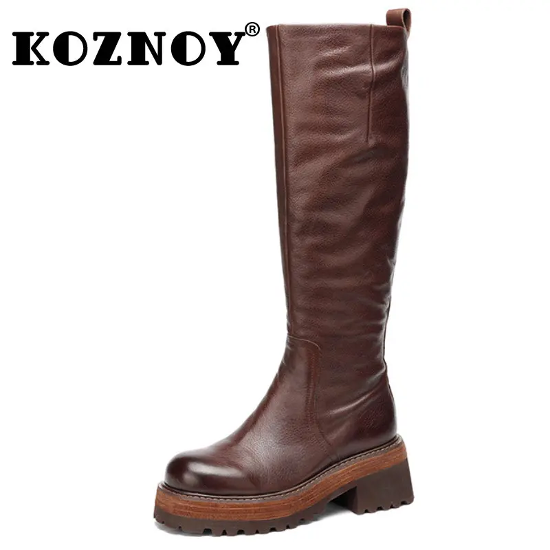 Koznoy 5cm naturalna krowa prawdziwej skóry komin zamek do połowy łydki kolana wysokie botki kobiety jesień wiosna buty moda damska buty