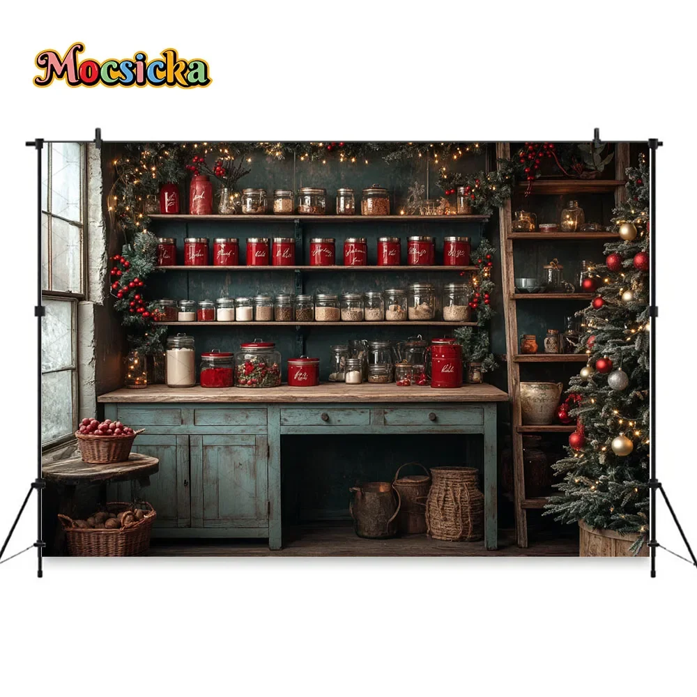 Christmas Kitchen Photography Background Green Rustic Wood Cabinet Wreath Backdrop Decor Winter Chef Kid Cake Smash Photo Studio