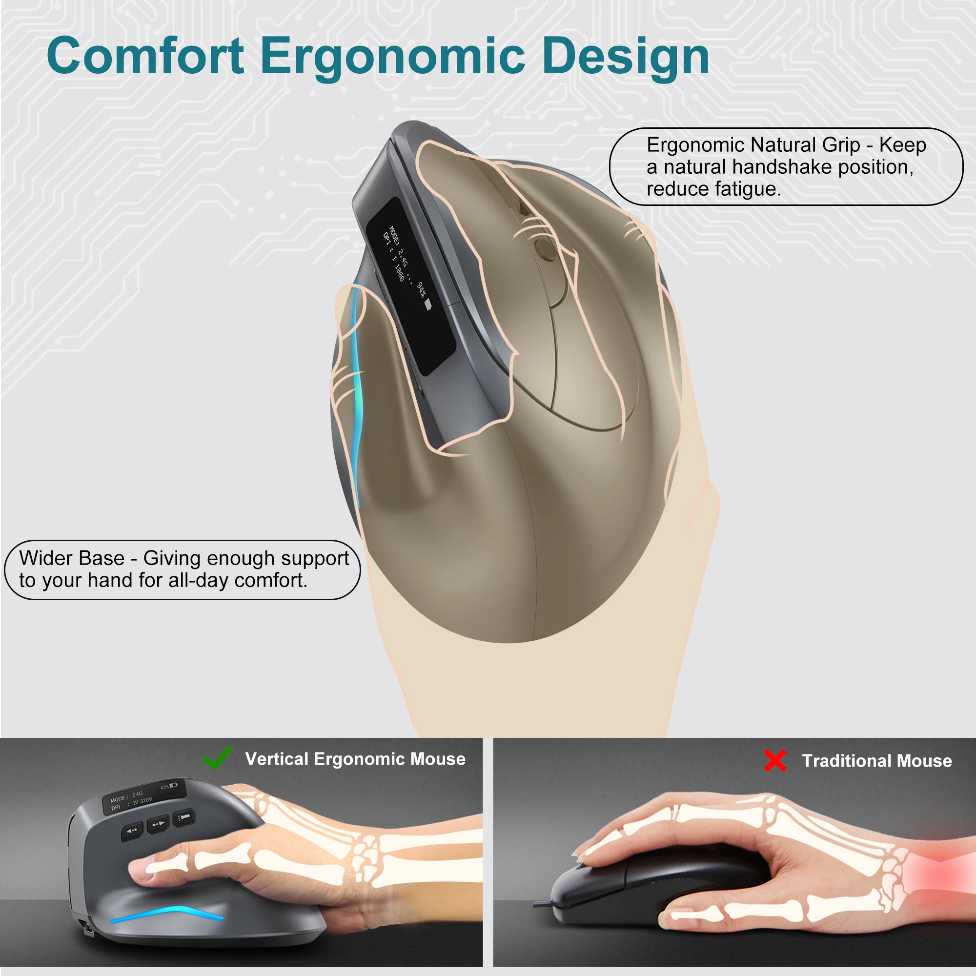 Lefon mouse vertical bluetooth, mouse ergonômico sem fio com tela oled rgb usb óptico recarregável para jogos de laptop