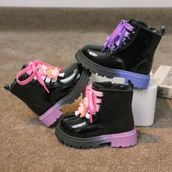 Girl's Boots Autumn Pink Purple Patent Leather Lovely Children Short Boot 22-33 Toddler Round Toe Chunky Fashion Kids Shoes