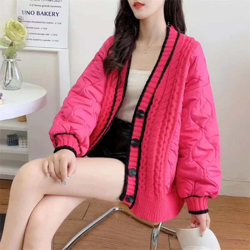 Women Long Sleeve Thick Cotton-padded Coat Ladies Elegant Winter Warm Fashion Splicing Knitted Jacket Quilted Coats Clothing