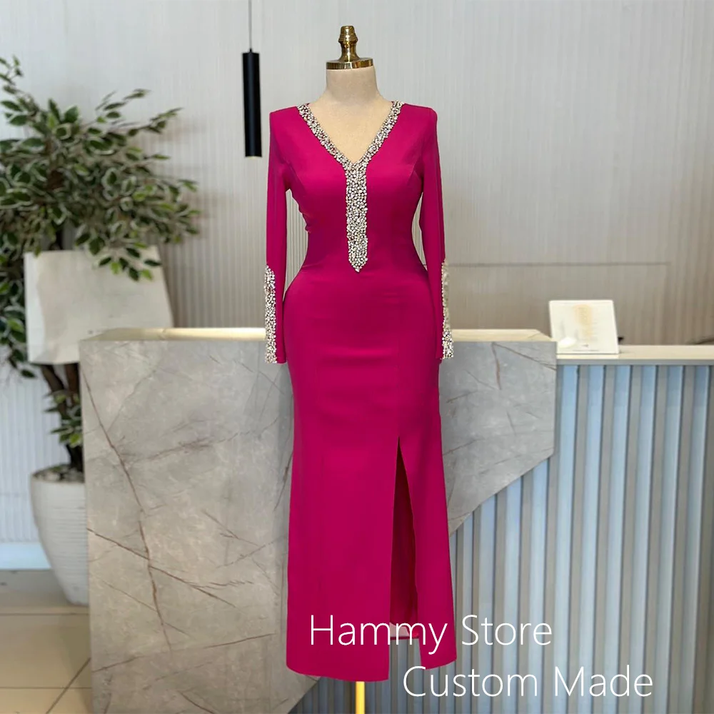

Customized Fuchsia Evening Dress V Neck Long Sleeves Crystal Stones Straight Side Slit Saudi Arab Prom Gown Party Dresses