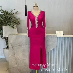 Customized Fuchsia Evening Dress V Neck Long Sleeves Crystal Stones Straight Side Slit Saudi Arab Prom Gown Party Dresses