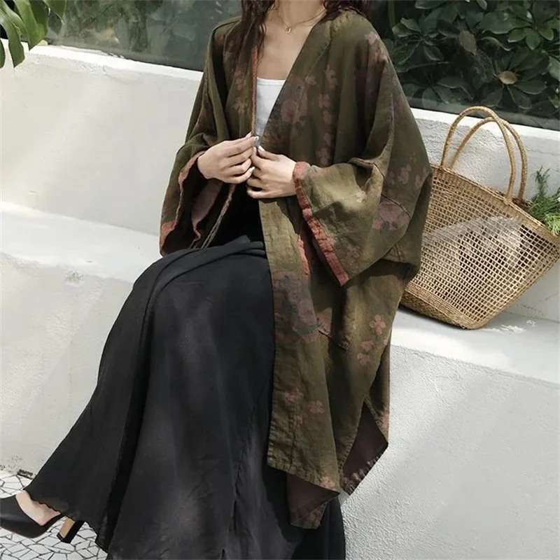 Spring Autumn Ethnic Linen Fashion Printed Windbreaker Outwear Mid-Long Retro Split Loose Cardigan Large Size Trench Coat Female