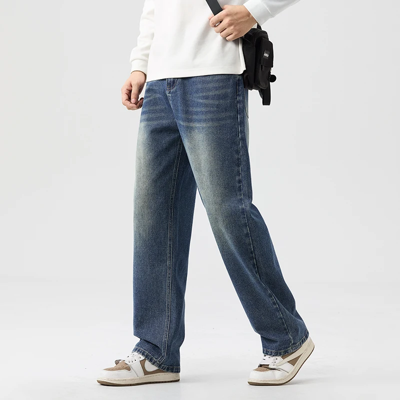 Heren retro-stijl losse pasvorm rechte pijpen wijde pijpen jeans 2025, herfst winter trendy vintage casual lange broek plus maat 38