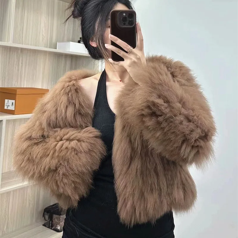 

2024 Haining Fur Winter New Double sided Woven Fox Fur Coat Women's Short V-Neck Youth Style